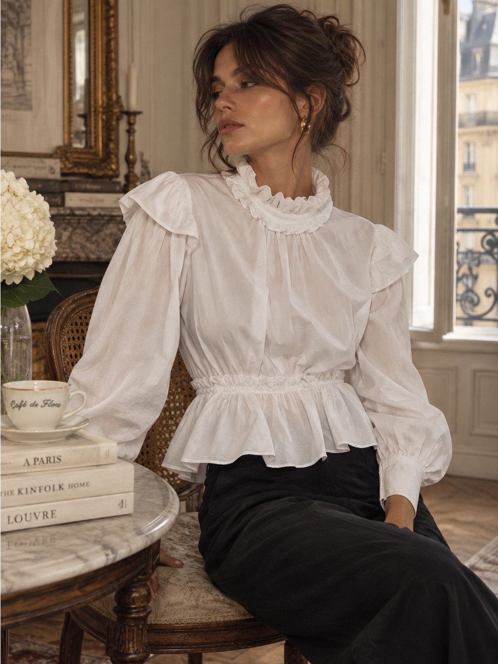 GANNI White Ruffle Blouse Size 40 Organic Cotton Romantic Cottagecore Boho Chic